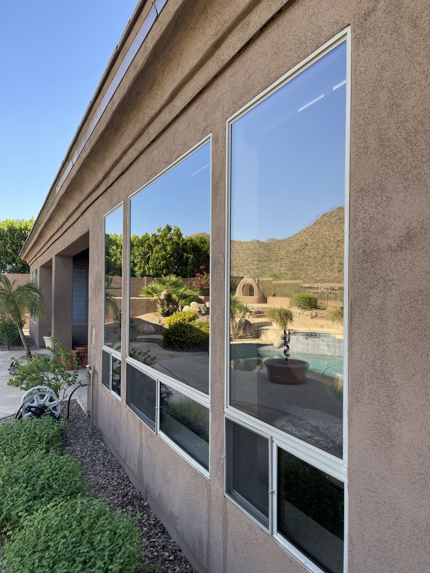 A row of freshly cleaned windows reflecting a pool and the desert